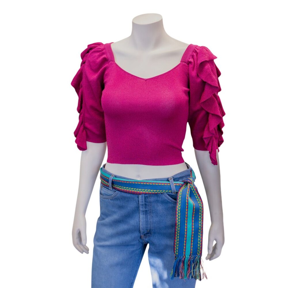 ZARA Magenta Metallic Knit Ruffle Sleeve Top – Size Medium